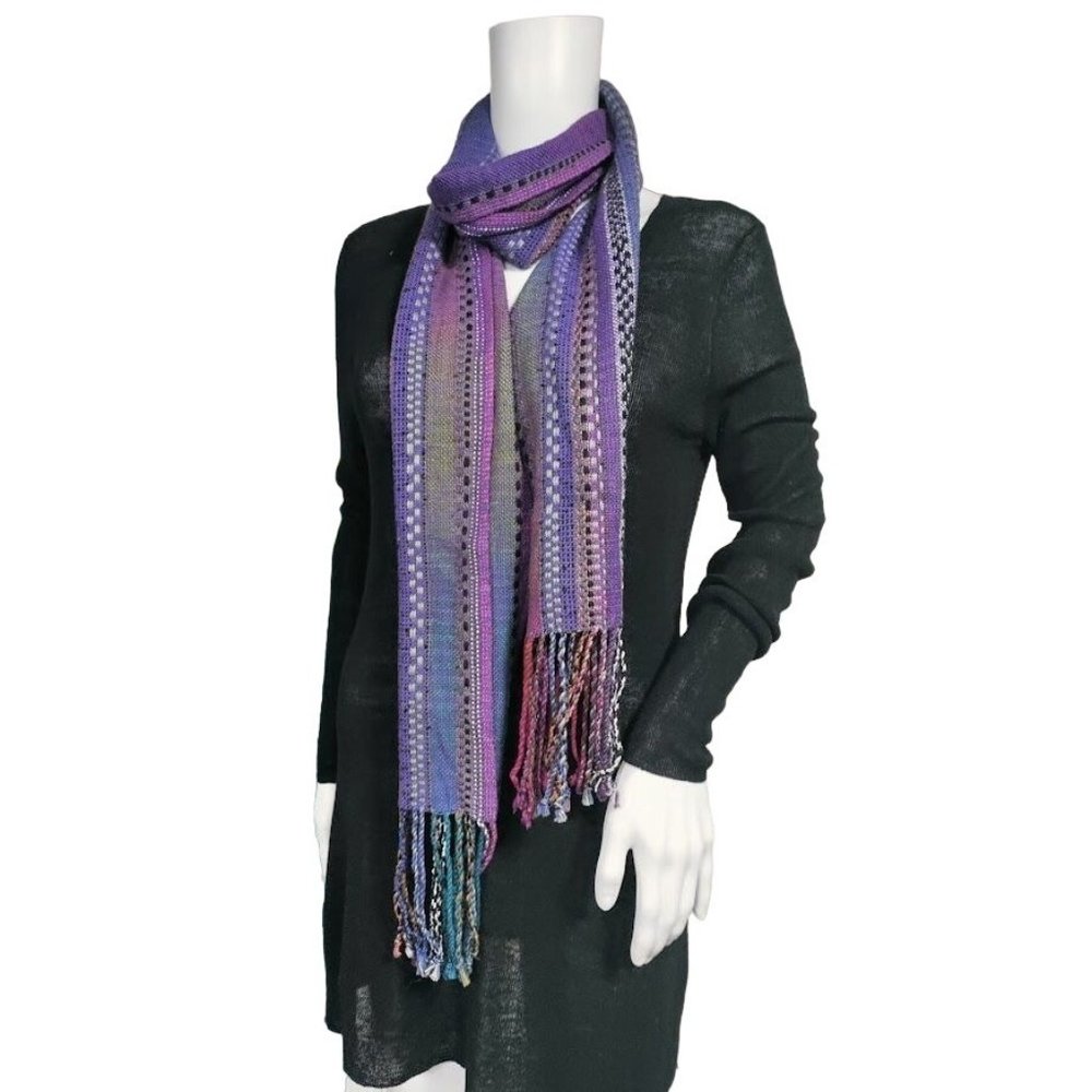 Kim Yost Merck Hand Woven Rectangle Reversible Fringe Hem Scarf Purple Women's